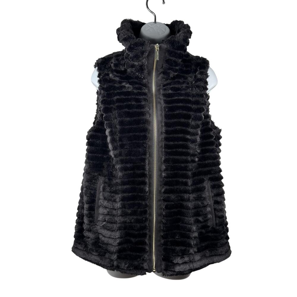 Calvin Klein Vest Womens Medium Black Faux Fur Zip Collared Pockets Mid Length